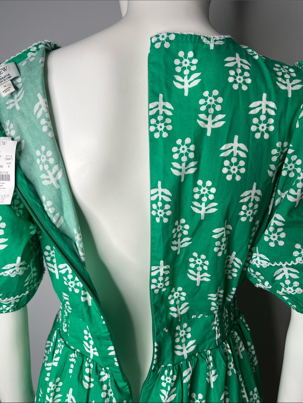 J. Crew Factory Block- Print Puff Sleeves Green Dress - Picture 12 of 12
